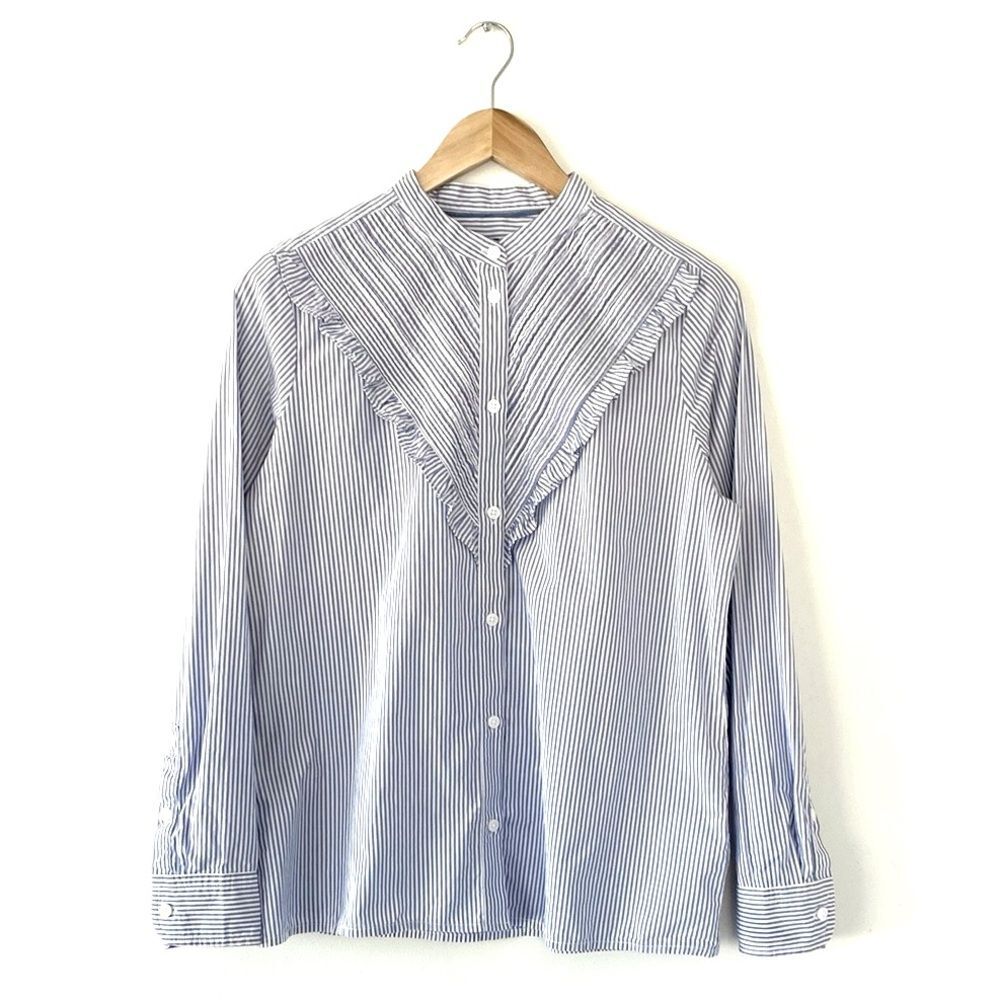 J. Crew Blue & White Pin Stripes Blouse Ruffled Stand Collar Preppy Coastal sz 8